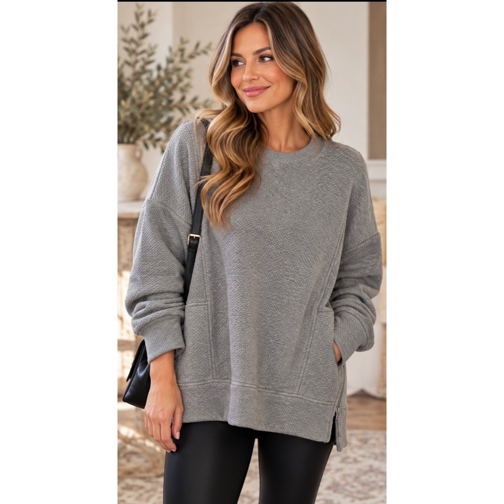 CALIA Womens XXL Gray Textured Oversized Crewneck Sweatshirt Side Zip Pullover
